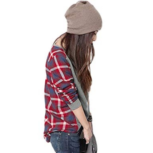 Long Sleeve High Low Gray Plaid Color Block  Shirt - Picture 4 of 8